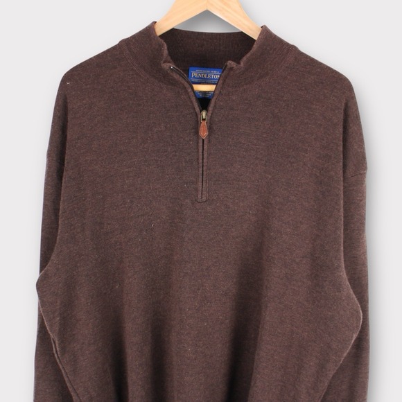 Pendleton Wool Laine Lavable Micro Grid 1/4 Zip Brown Pull Over Sweater Mens XL - Picture 2 of 4